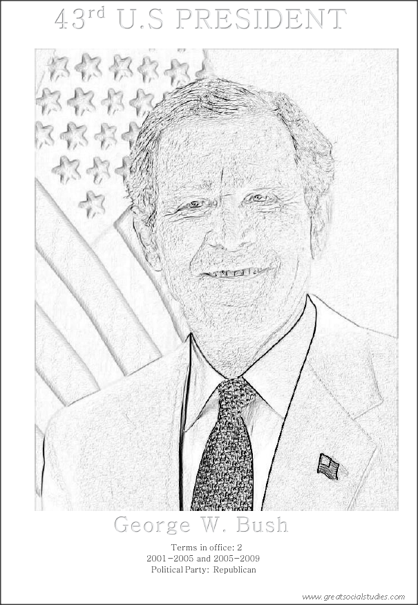 43rd US president, George W. Bush,colorfree sheet | GREAT SOCIAL STUDIES